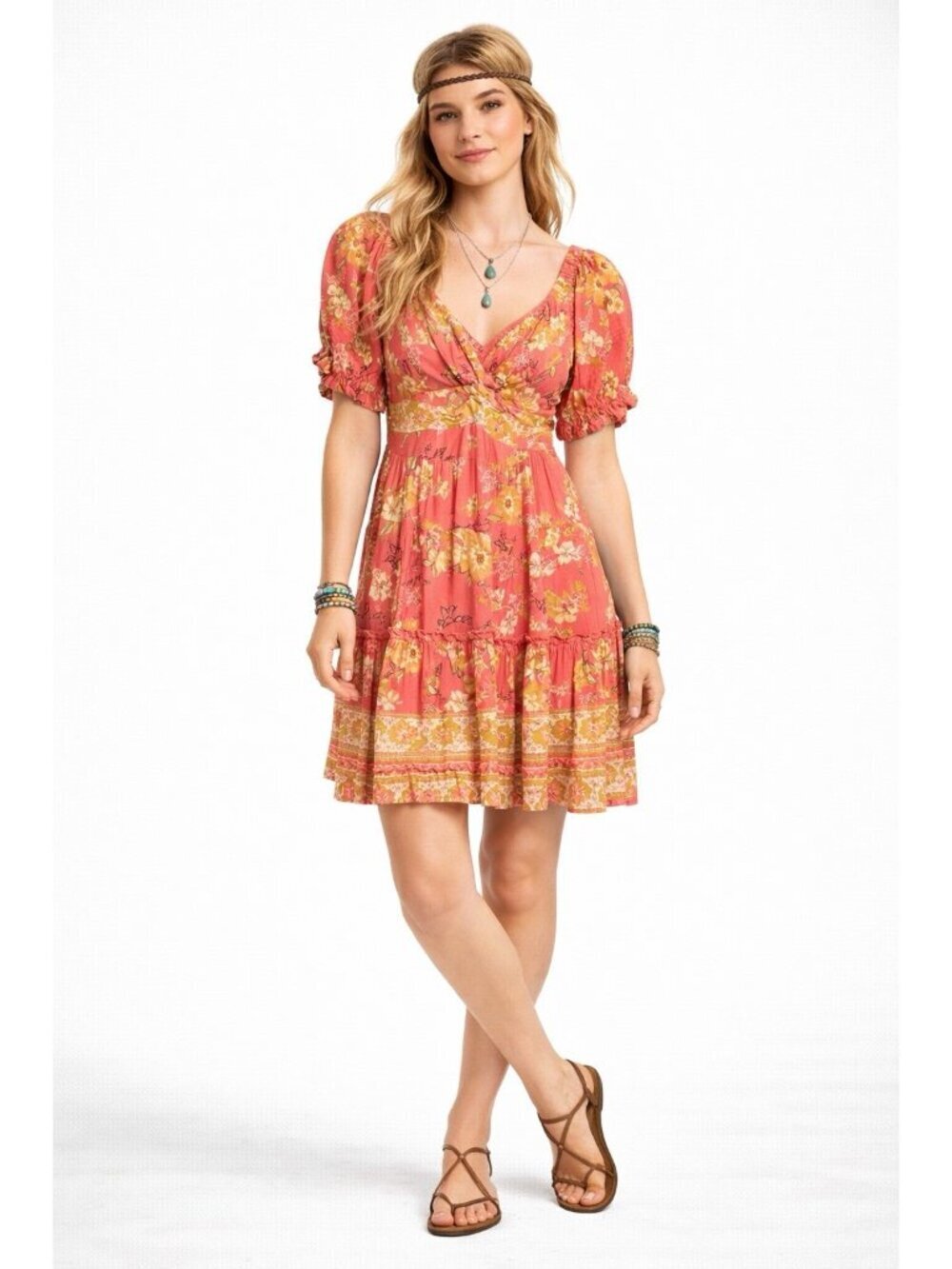 ANGIE DRESS floral puff sleeve MEDIUM hippie boho festival prairie western